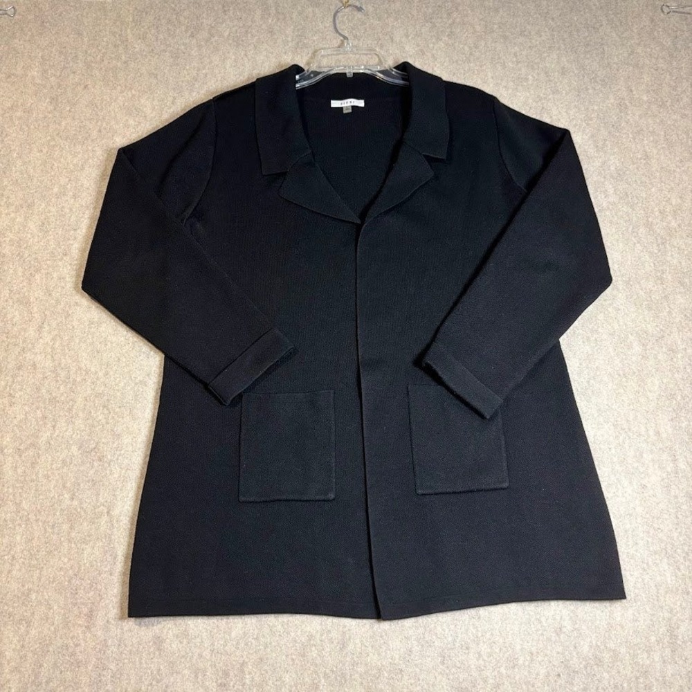 Sioni Knit Blazer Cardigan Womens L Black Rayon Open Front Pocket Classic Chic